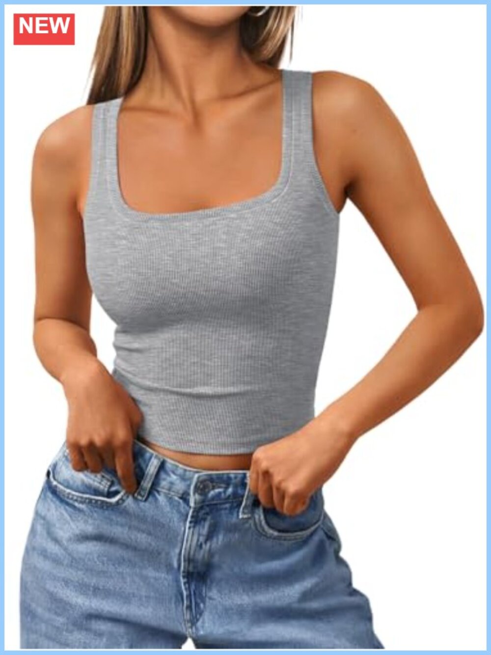Women's Square Neck Cropped Ribbed Tank Top Stretch Basic Layer